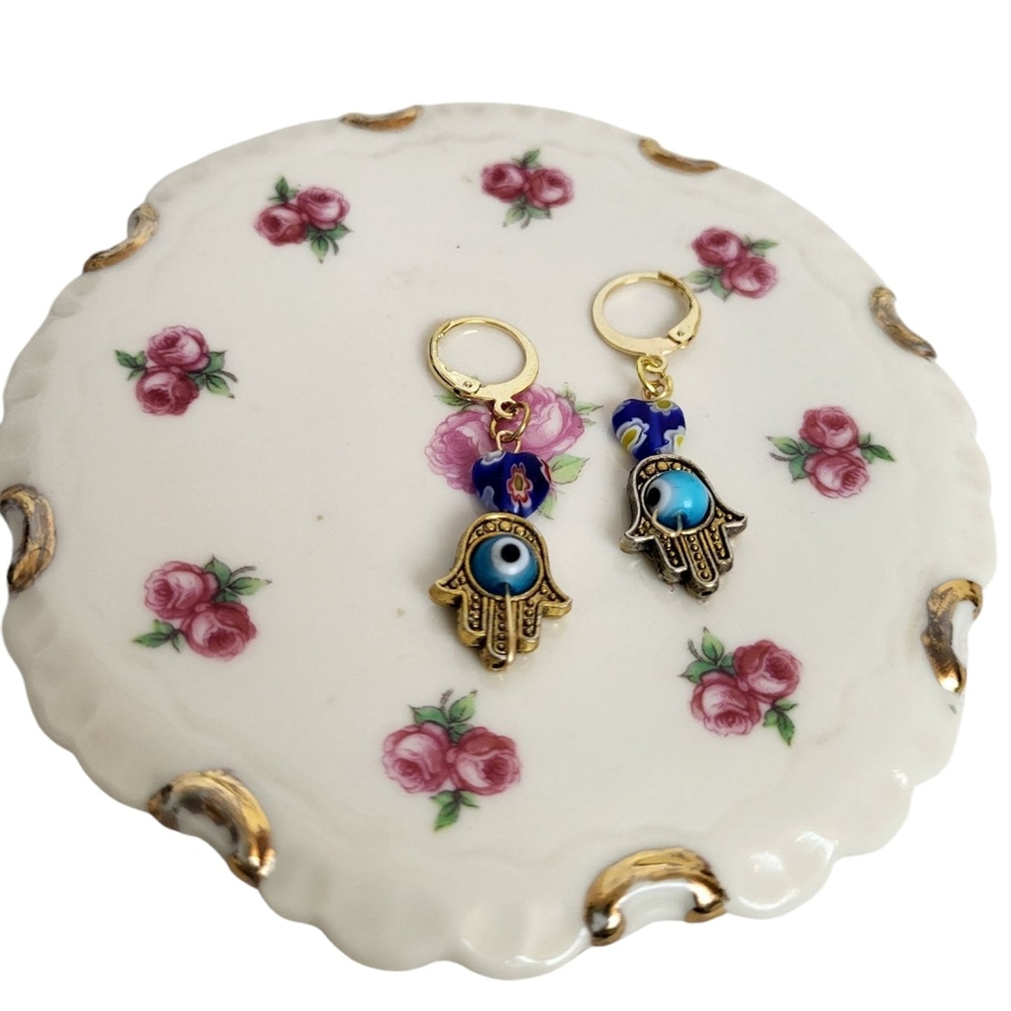 18k Gold Hamsa Blue Evil Eye Millefiori Lampwork Huggie Hoop Earrings