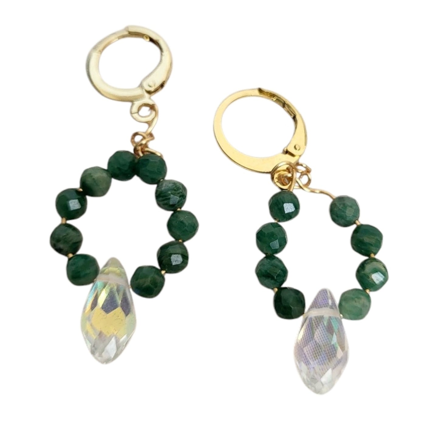 18k Gold Labradorite Teardrop AB Crystal Huggie Hoop Earrings