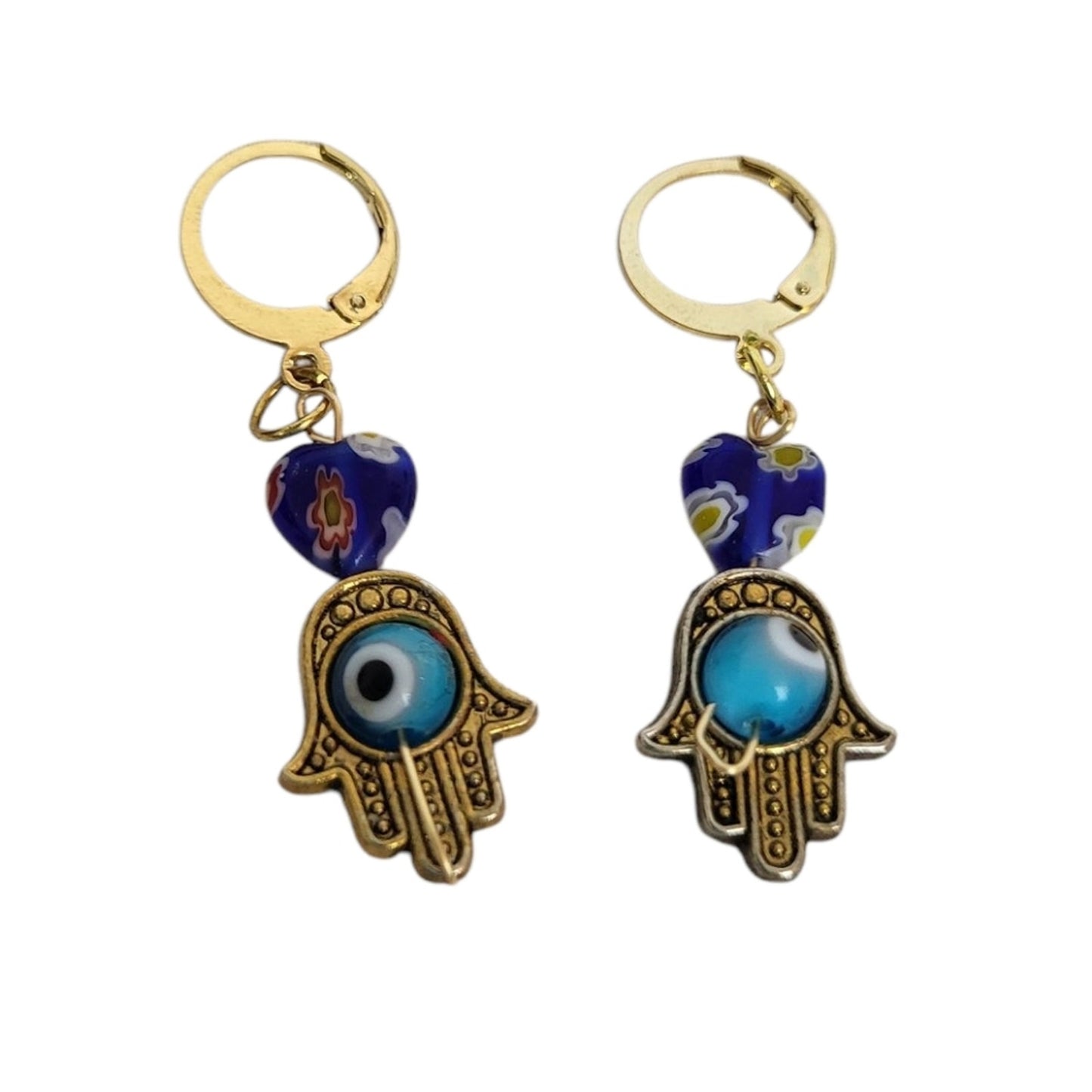 18k Gold Hamsa Blue Evil Eye Millefiori Lampwork Huggie Hoop Earrings