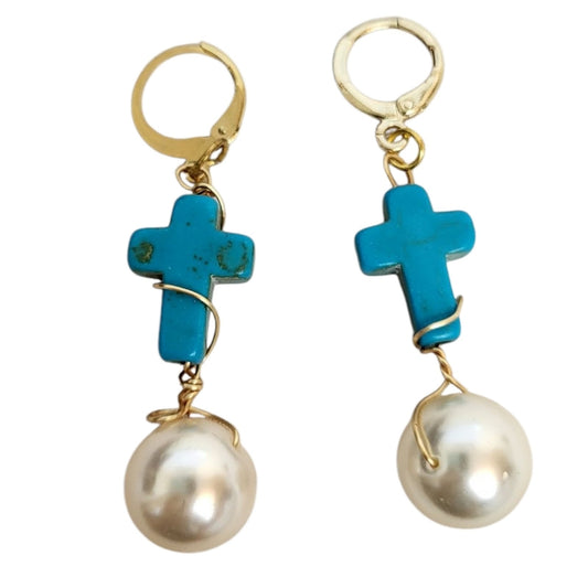 18k Gold Turquoise Cross Pearl Drop Earrings