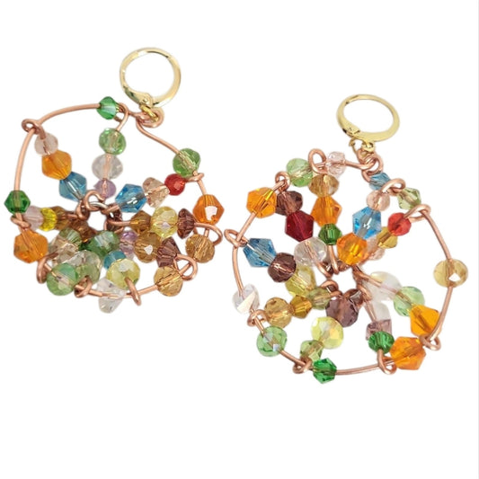 18K Gold Plated Cooper Rainbow Faceted Bicone Mandala Huggie Hoop Earrings