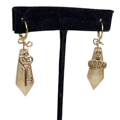 18K Goldplated Clear Sphere Skeleton Key Crown Huggie EARRINGS