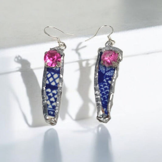 Handcrafted Blue Willow China Bar Earrings  Dangle Pink Crystal