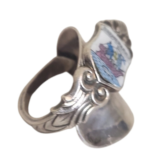 Vintage Silver Enamel Bremerhaven Travel Shield Germany Souvenir Spoon Ring