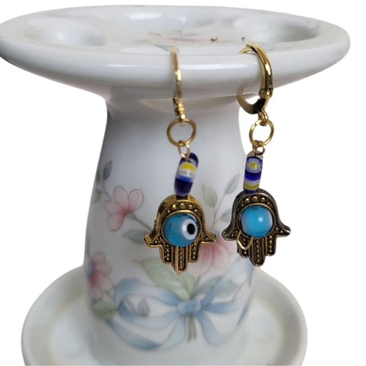 18k Gold Hamsa Blue Evil Eye Millefiori Lampwork Huggie Hoop Earrings