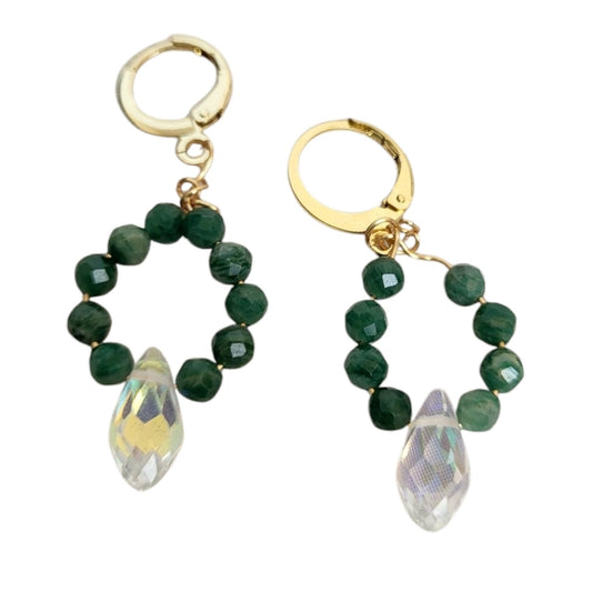 18k Gold Labradorite Teardrop AB Crystal Huggie Hoop Earrings