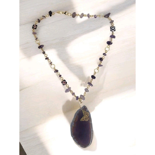 18k Gold Plated Agate Slice Bead Amethyst Chip Butterfly Millefiori Necklace