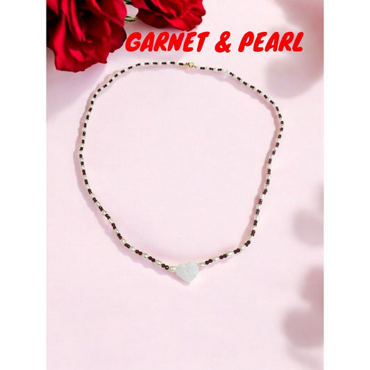 14K Gold Freshwater Pearl Mother Of Pearl Heart Wire Garnet Necklace 10.2"
