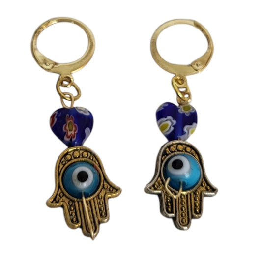 18k Gold Hamsa Blue Evil Eye Millefiori Lampwork Huggie Hoop Earrings