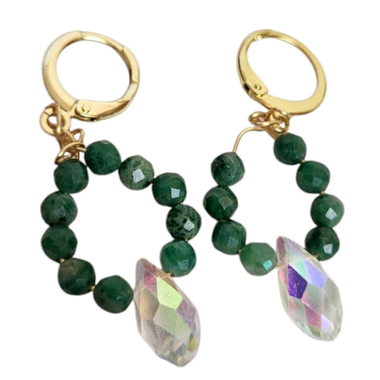 18k Gold Labradorite Teardrop AB Crystal Huggie Hoop Earrings