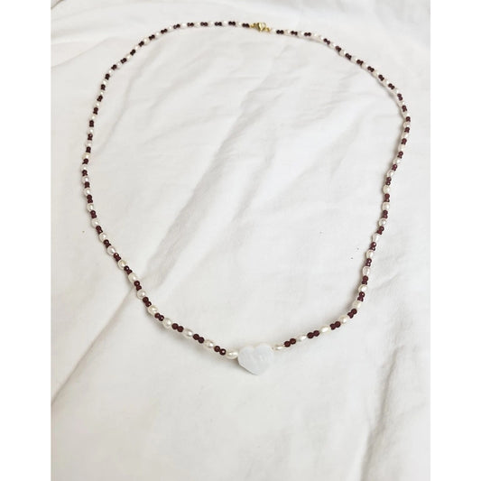 14K Gold Freshwater Pearl Mother Of Pearl Heart Wire Garnet Necklace 10.2"