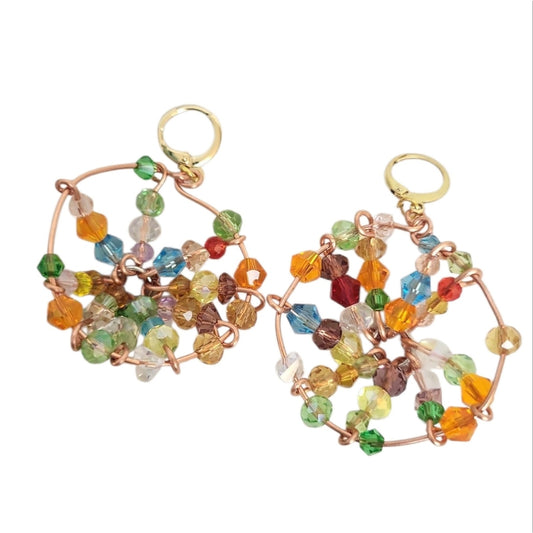 18K Gold Plated Cooper Rainbow Faceted Bicone Mandala Huggie Hoop Earrings